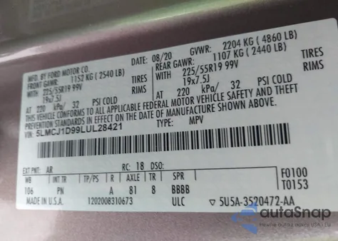 2020 Lincoln Corsair Standard z USA, uszkodzony, nr VIN 5LMCJ1D99LUL28421